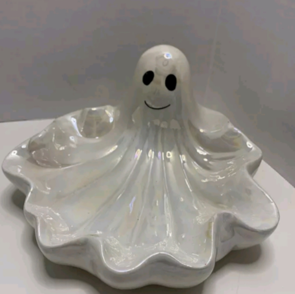 Vintage pearlized, smiling, ghost candy dish